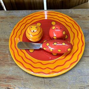 Berryware 4 Piece Set Cheese Plate, Spreader, Salt & Pepper Shakers in Goldenrod